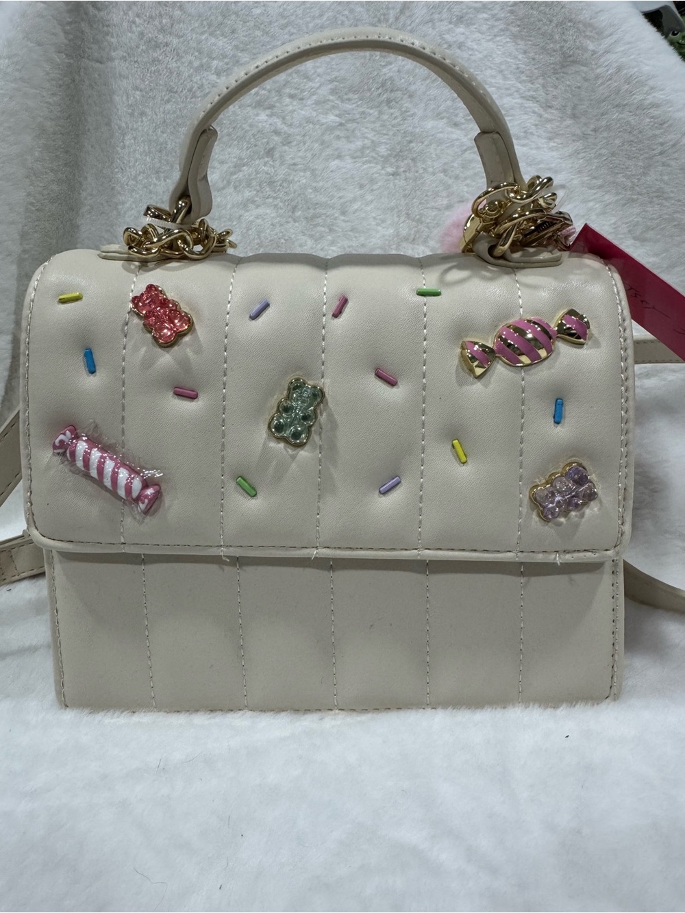 NWT Betsey Johnson Cream Candy-Embellished Top Handle Bag/Crossbody